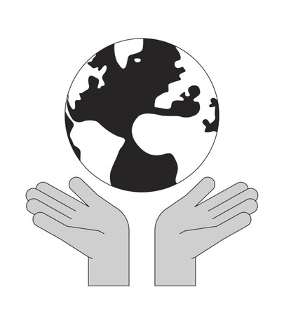Hands protect earth flat monochrome isolated vector object. Editable black and white line art drawing. Simple outline spot illustration for web graphic designのイラスト素材