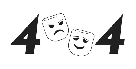 Comedy and tragedy theater mask black white error 404 flash message. Monochrome empty state ui...