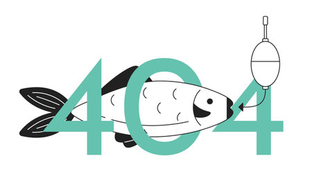 Fish on bait black white error 404 flash message. fishing hobby. activity. Monochrome empty state ui design. Page not found popup cartoon image. Vector flat outline illustration conceptのイラスト素材