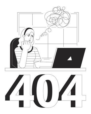 Blonde woman thoughts black white error 404 flash message. Workplace with laptop. Monochrome empty...