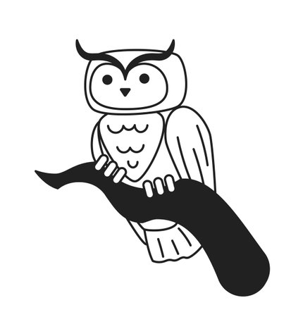 Owl sitting on branch monochrome flat vector object. wild life in the forest. Horned owl in tree. Editable black and white thin line icon. Simple cartoon clip art spot illustration for web graphic designのイラスト素材