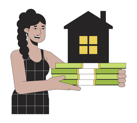 Mortgage for real estate flat line concept vector spot illustration. Woman holding cash for buying house 2D cartoon outline character on white for web UI design. Editable isolated color hero imageのイラスト素材