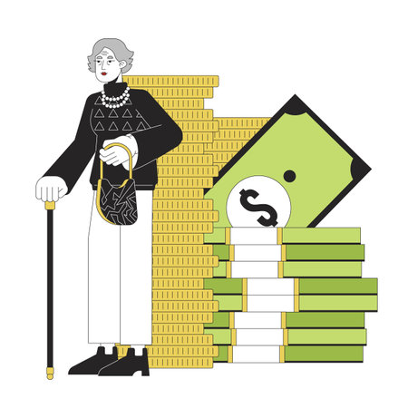 Elderly businesswoman accumulating money flat line concept vector spot illustration. Old rich woman 2D cartoon outline character on white for web UI design. Editable isolated color hero imageのイラスト素材