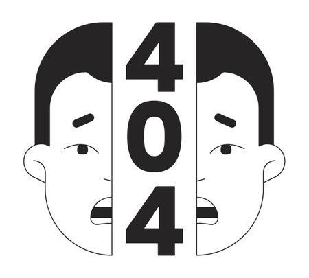 Shocking surprised split face black white error 404 flash message. Surrealism man. Monochrome empty state ui design. Page not found popup cartoon image. Vector flat outline illustration conceptのイラスト素材