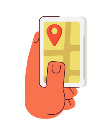Hand holding gps smartphone semi flat color vector object. Online navigation app. Editable cartoon clip art icon on white background. Simple spot illustration for web graphic designのイラスト素材