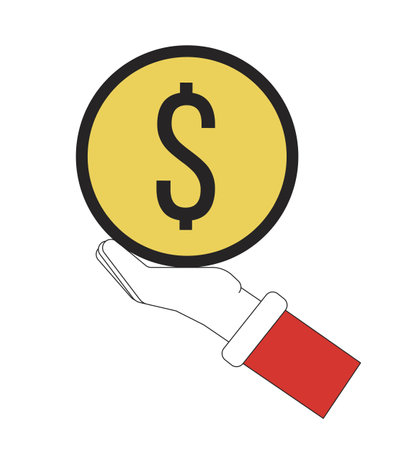 Hand holding golden coin flat line color isolated vector object. pay debt. Editable clip art image on white background. Simple outline cartoon spot illustration for web designのイラスト素材
