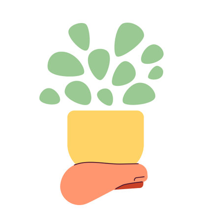 Hand holding houseplant semi flat color vector object. home decor. small leaves. Editable cartoon clip art icon on white background. Simple spot illustration for web graphic designのイラスト素材