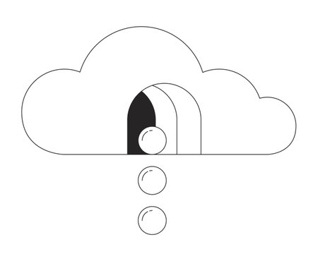 Spheres dropping from surreal cloud flat monochrome isolated conceptual clipart. Balls falling. Editable black and white line vector object. Simple outline spot illustration for web graphic designのイラスト素材