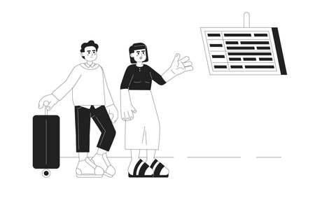 Airport departure board monochrome concept vector spot illustration. Tourists checking plane departure 2D flat bw cartoon characters on white for web UI design. Isolated editable hand drawn hero imageのイラスト素材