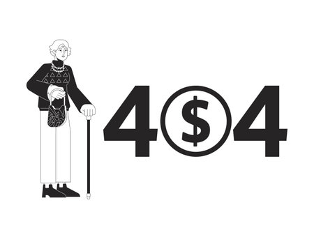 Woman on retirement black white error 404 flash message. Pension rich. Monochrome empty state ui design. Page not found popup cartoon image. Vector flat outline illustration conceptのイラスト素材