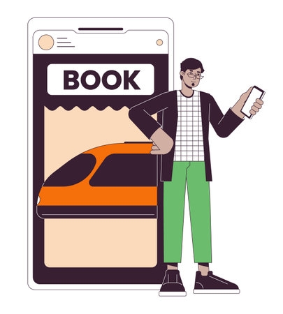 Tourist buying tickets on train flat line concept vector spot illustration. online app. Man using smartphone 2D cartoon outline character on white for web UI design. Editable isolated color hero imageのイラスト素材