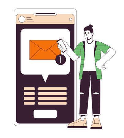 Getting text message flat line concept vector spot illustration. notification. Man holding smartphone 2D cartoon outline character on white for web UI design. Editable isolated color hero imageのイラスト素材