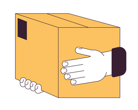 Hand holding paper box flat line concept vector spot illustration. Purchase delivery 2D cartoon outline hand on white for web UI design. editable isolated color hero imageのイラスト素材