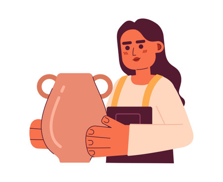 Indian woman holding handmade amphora semi flat color vector character. Pottery hobby. Editable half body girl in workshop on white. Simple cartoon spot illustration for web graphic designのイラスト素材