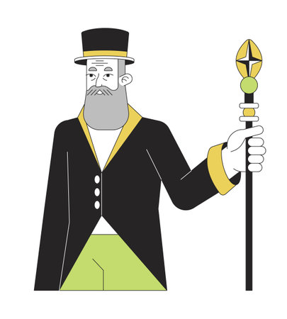 Bearded senior man in hat flat line color vector character. Editable outline full body person in evening dress holding wizard staff on white. Simple cartoon spot illustration for web graphic designのイラスト素材