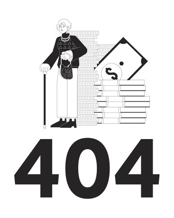 Pension savings black white error 404 flash message. finance management. Monochrome empty state ui design. Page not found popup cartoon image. Vector flat outline illustration conceptのイラスト素材