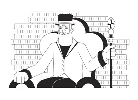 Rich man flat line black white vector character. Male in suit and hat holding staff. Editable outline full body person on white. Simple cartoon isolated spot illustration for web graphic designのイラスト素材