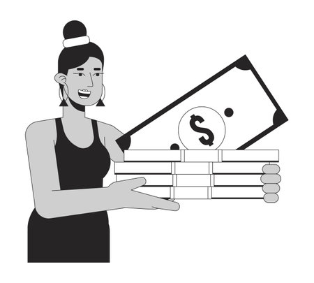 Latinamerican stylish woman holding money flat line black white vector character. Editable outline full body person with mortgage. Simple cartoon isolated spot illustration for web graphic designのイラスト素材