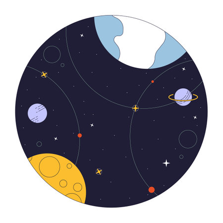 Space flat line concept vector spot illustration. Universe with planets and stars 2D cartoon outline...