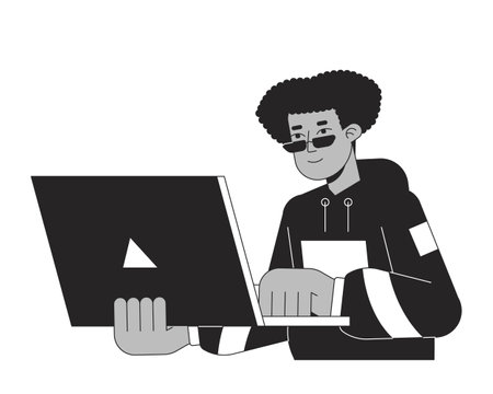 Busy latinaamerican employee flat line black white vector character. Editable outline half body freelancer holding laptop. Simple cartoon isolated spot illustration for web graphic designのイラスト素材