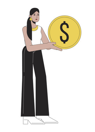 Attractive latina woman holding golden coin flat line color vector character. Editable outline full body person saving money on white. Simple cartoon spot illustration for web graphic designのイラスト素材