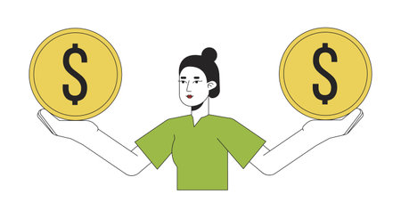 Cute asian woman holding coins on hands flat line color vector character. balance in finances. Editable outline full body person on white. Simple cartoon spot illustration for web graphic designのイラスト素材