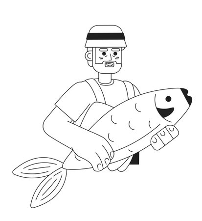 Old fisherman holding big fish flat line black white vector character. Editable thin line half body happy man on white. Simple bw cartoon spot image for web graphic designのイラスト素材