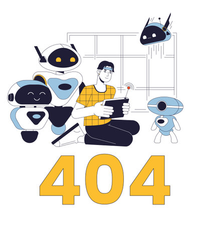 Robotic scientist laboratory error 404 flash message. testing android. AI technology. Empty state ui...