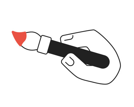 Hand holding paintbrush monochrome flat vector object. artist equipment. Editable black and white thin line icon. Simple cartoon clip art spot illustration for web graphic designのイラスト素材