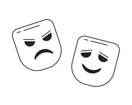 Tragedy and comedy theater mask monochrome flat vector object. Mask for cover face. Editable black and white thin line icon. Simple cartoon clip art spot illustration for web graphic designのイラスト素材