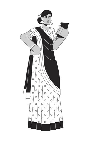 Indian woman in sari using gadget flat line black white vector character. Editable outline full body person. Online buying ticket simple cartoon isolated spot illustration for web graphic designのイラスト素材