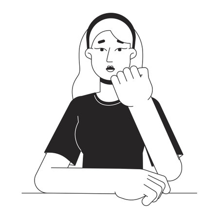 Engaged student woman resting chin on palm flat line black white vector character. Editable outline half body person. Focused girl simple cartoon isolated spot illustration for web designのイラスト素材