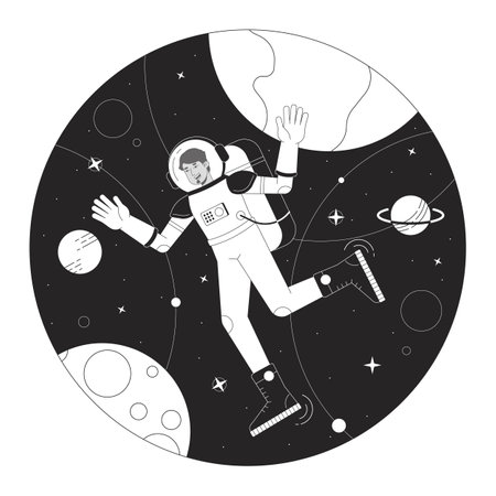 Astronaut in space bw concept vector spot illustration. Man in space suit among planets 2D cartoon flat line monochromatic character for web UI design. Editable isolated outline hero imageのイラスト素材