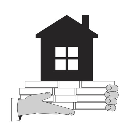 Hands holding cash ond house flat monochrome isolated vector object. Mortgage property. Editable black and white line art drawing. Simple outline spot illustration for web graphic designのイラスト素材