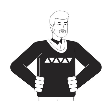 Caucasian man keeps hands on waist flat line black white vector character. Editable outline full body person with blonde beard. Simple cartoon isolated spot illustration for web graphic designのイラスト素材