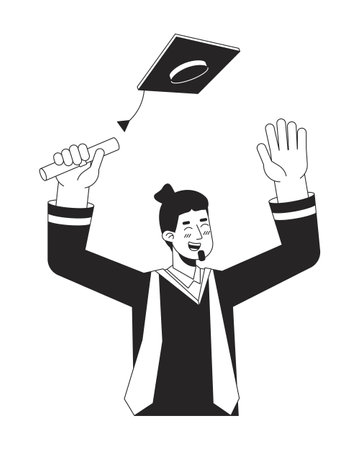 European male graduate throwing graduation cap flat line black white vector character. Editable outline half body person. Commencement simple cartoon isolated spot illustration for web designのイラスト素材