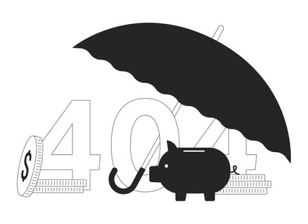 Umbrella cover savings black white error 404 flash message. Protect finances from risks. Monochrome empty state ui design. Page not found popup cartoon image. Vector flat outline illustration conceptのイラスト素材
