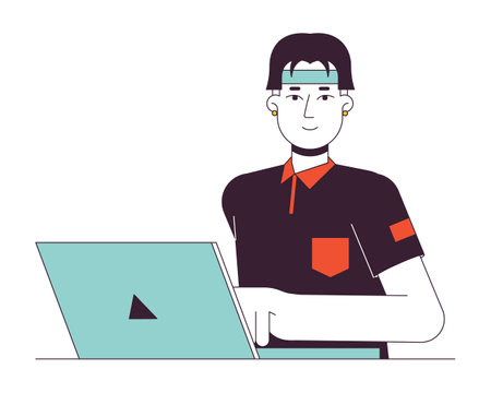 Asian student typing on laptop flat line color vector character. E learning. Editable outline half body person on white. Hipster guy on notebook simple cartoon spot illustration for web graphic designのイラスト素材