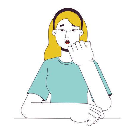 Engaged student woman resting chin on palm flat line color vector character. Editable outline half body person on white. Focused girl simple cartoon spot illustration for web graphic designのイラスト素材