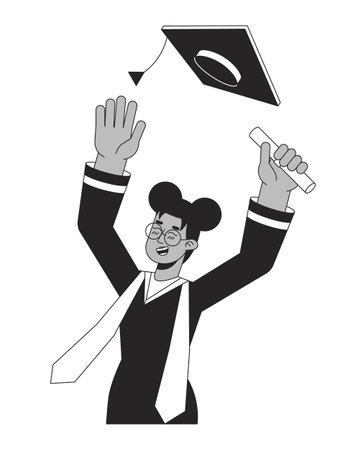 Female high school graduate celebrating flat line black white vector character. Editable outline half body person. Grad celebrate ceremony simple cartoon isolated spot illustration for web designのイラスト素材
