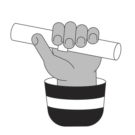 Holding diploma scroll flat line black white vector character hand. Editable outline person body part. Certificate graduation alumni simple cartoon isolated spot illustration for web designのイラスト素材