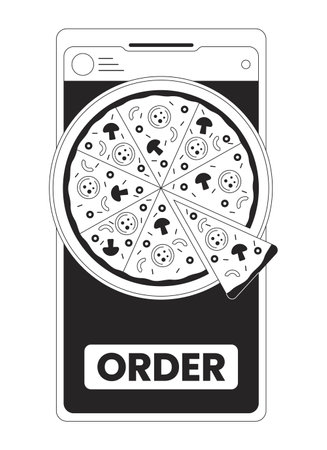 Order pizza by smartphone bw concept vector spot illustration. Using gadget for buying food 2D cartoon flat line monochromatic object for web UI design. Editable isolated outline hero imageのイラスト素材