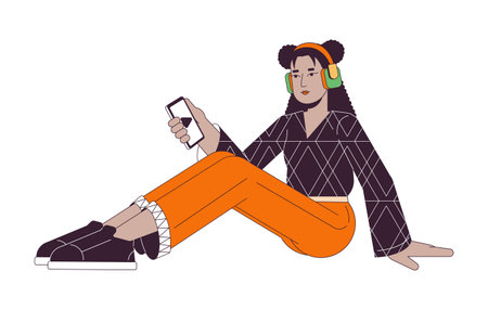 Woman sitting and listening to music flat line color vector character. Editable outline full body person on white. Lady in headphones simple cartoon spot illustration for web graphic designのイラスト素材