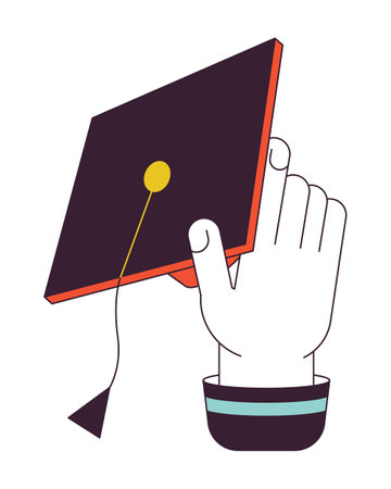Holding mortarboard hat flat line color vector character hand. Editable outline person body part on white. absolute. Throwing graduation cap simple cartoon spot illustration for web graphic designのイラスト素材