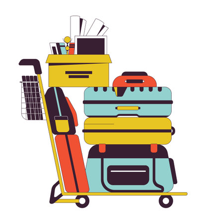 Luggage cart with stack of belongings flat line color isolated vector object. moving, relocation. Editable clip art image on white background. Simple outline cartoon spot illustration for web designのイラスト素材