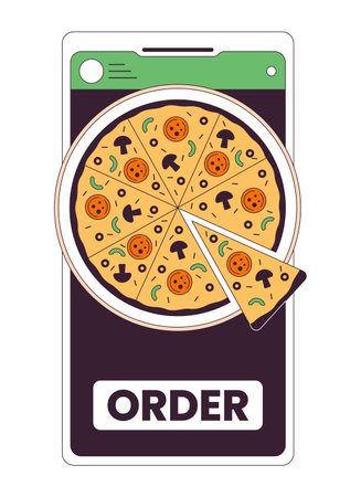 Order pizza by smartphone flat line concept vector spot illustration. Using gadget for buying food 2D cartoon outline object on white for web UI design. Editable isolated color hero imageのイラスト素材