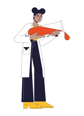 Scientist pouring liquid from tube flat line color vector character. chemical experiment. Editable outline full body person on white. Simple cartoon spot illustration for web graphic designのイラスト素材