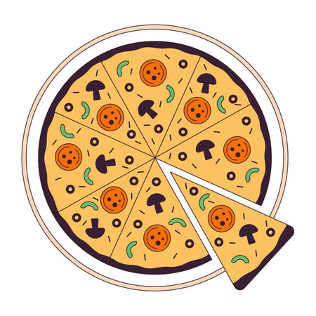 Fast food pizza flat monochrome isolated vector object. Traditional italian dish. Editable black and white line art drawing. Simple outline spot illustration for web graphic designのイラスト素材