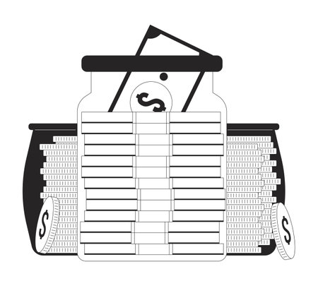 Savings flat monochrome isolated vector object. Cash and coins in glass jar. Money savings. Editable black and white line art drawing. Simple outline spot illustration for web graphic designのイラスト素材