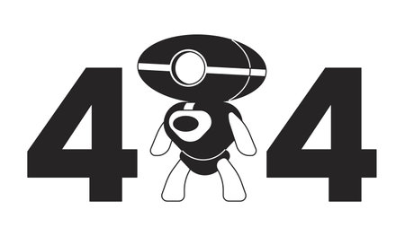 Artificial intelligence robot black white error 404 flash message. android assistant. Monochrome empty state ui design. Page not found popup cartoon image. Vector flat outline illustration conceptのイラスト素材